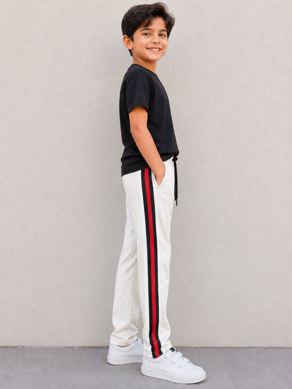 Premium Kids single jersey Trousers off-white mélange with ,Side Stripe p14