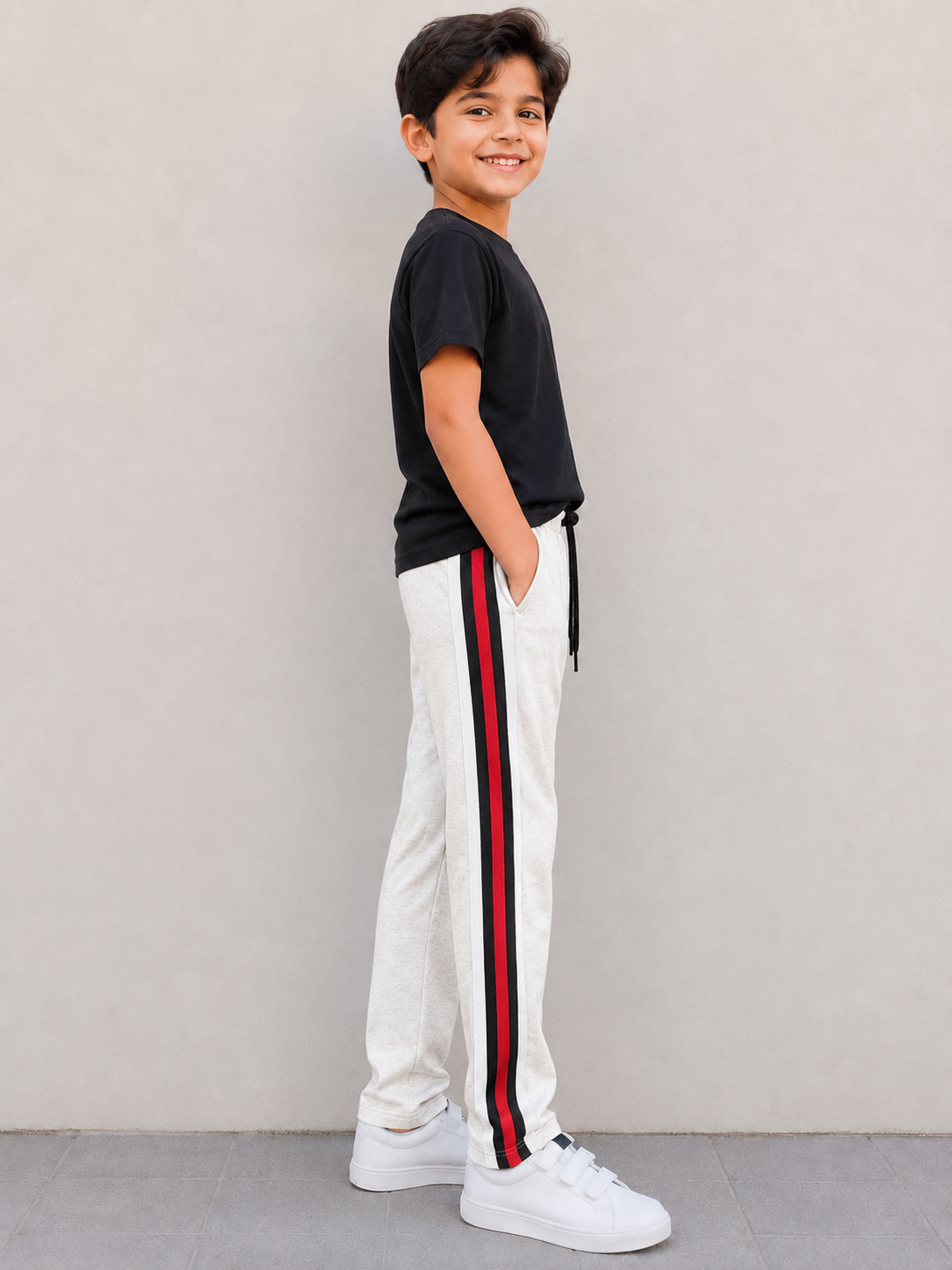 Premium Kids single jersey Trousers off-white mélange with ,Side Stripe p14