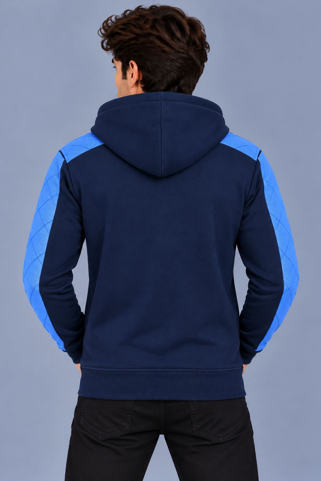 Men’s Navy Blue Hoodie with Sky Blue Quilted Shoulder & Sleeve Panels-MU307
