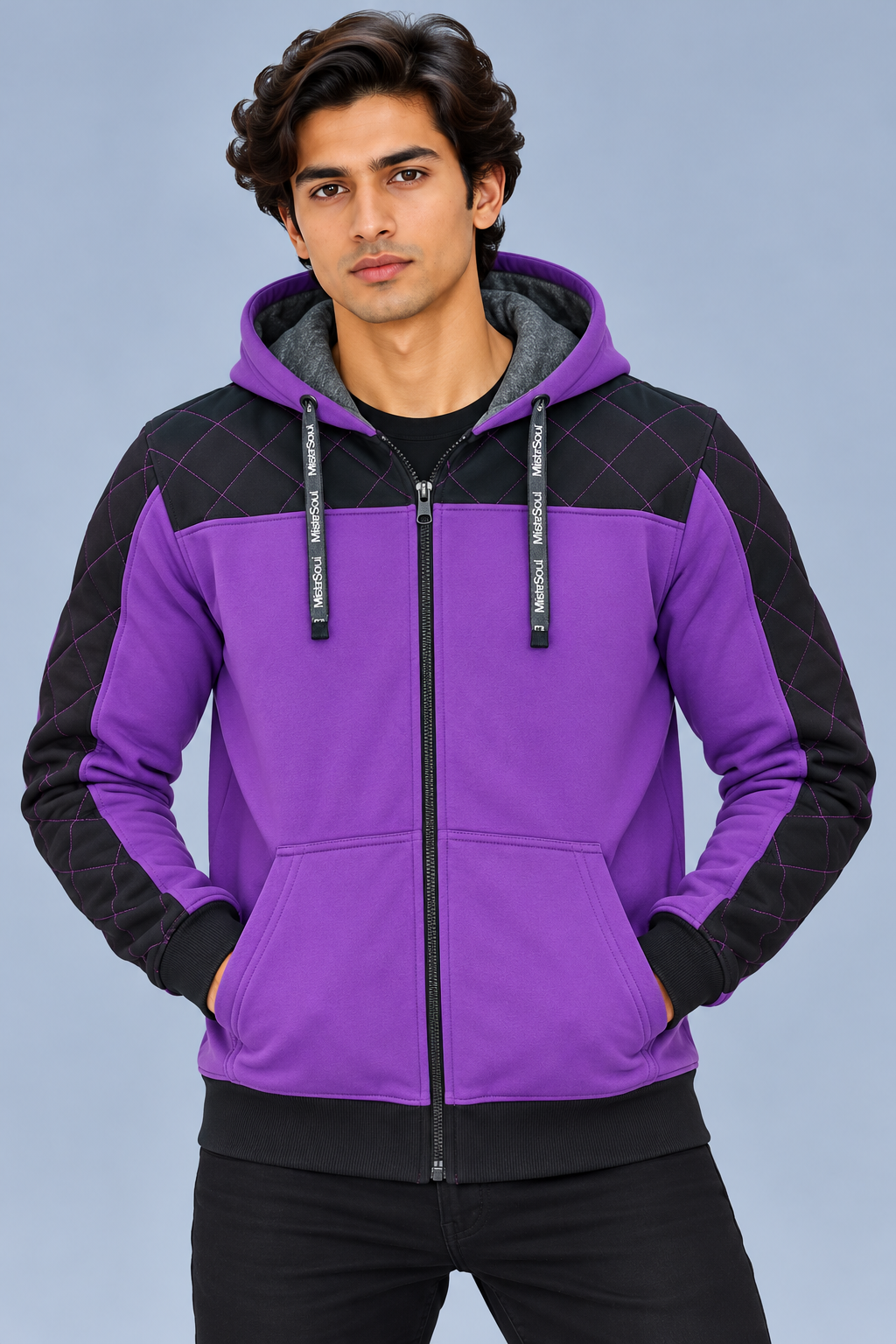 Men’s Premium Purple & Black Quilted Hoodie – Full Zip-MU294