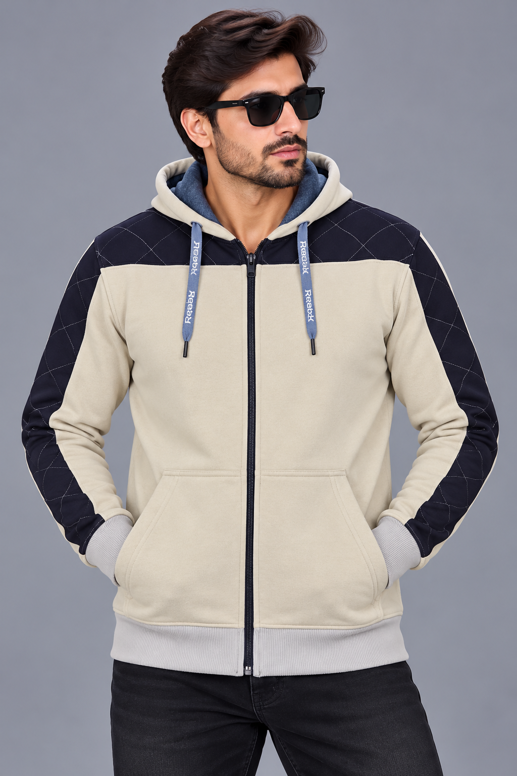 Men’s Cream & Black Quilted Shoulder Zip-Up Hoodie with White Ribbed Cuffs & Waist – Stylish Winter Wear-MU302