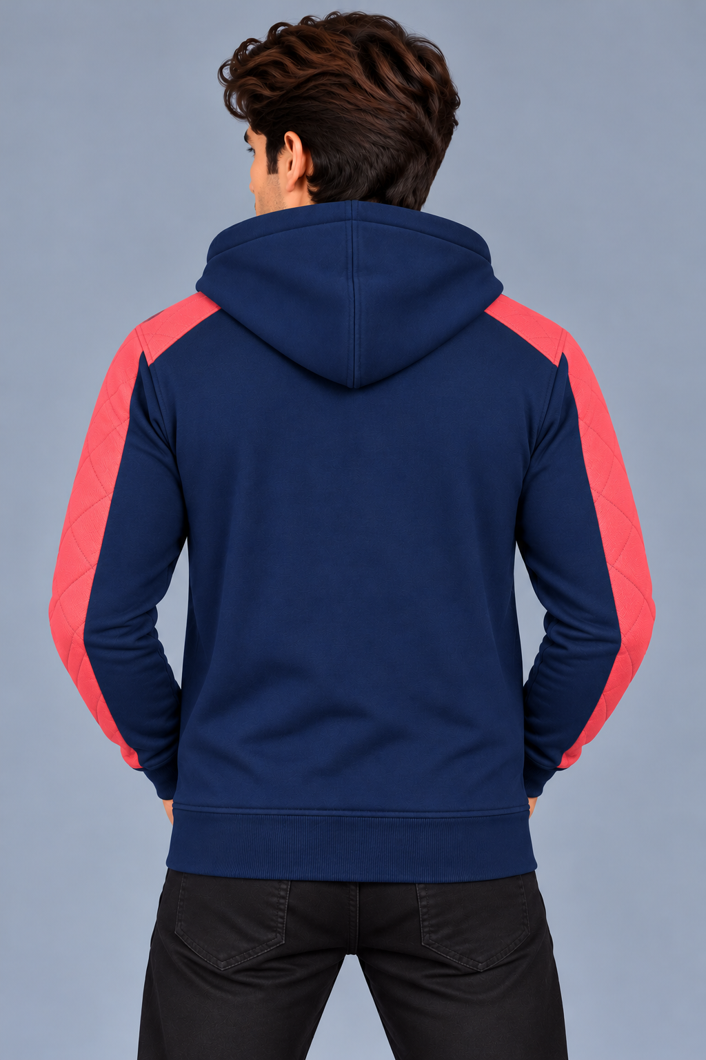Men’s Navy Blue Hoodie with Coral Red Quilted Shoulder & Sleeve Panels – MU309