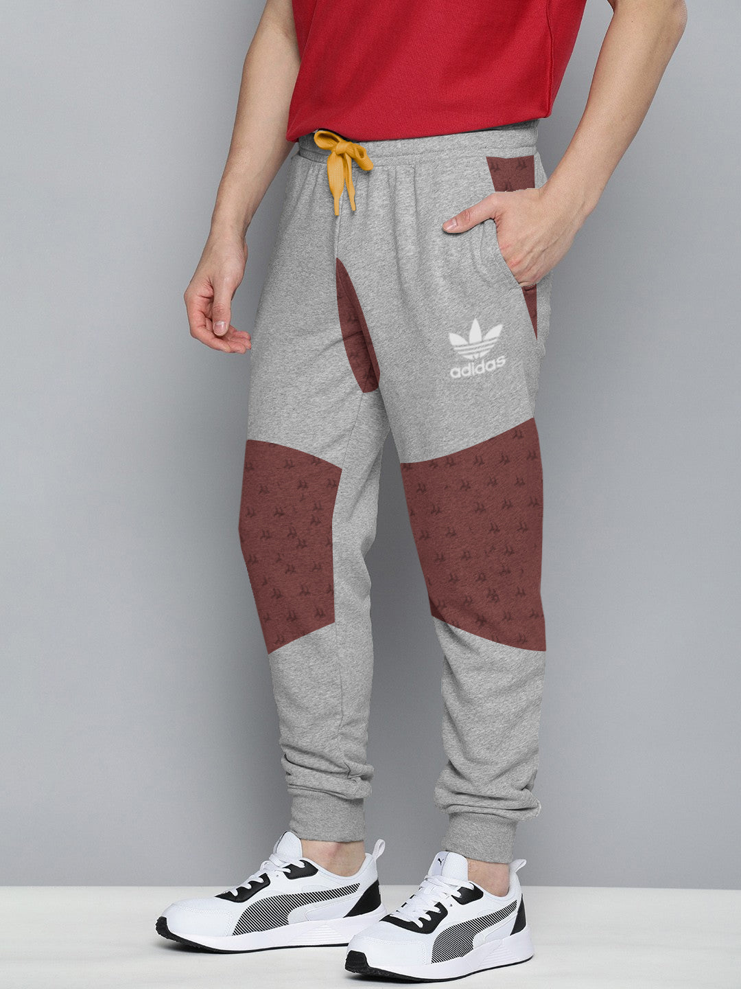 ADS Terry Fleece Jogger Sweatpant For Men-Light Grey Melange with Brown Panel-BR14589