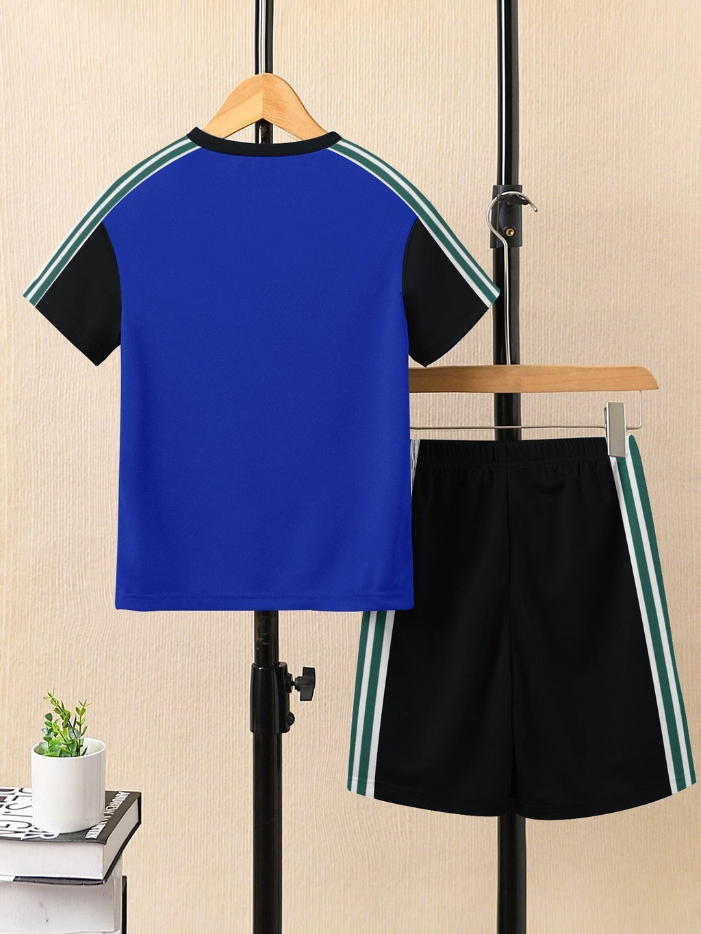 Ads Summer T Shirt & Short Suit For Kids-Blue with Black & White, Green Stripe-BE3295/BR15733