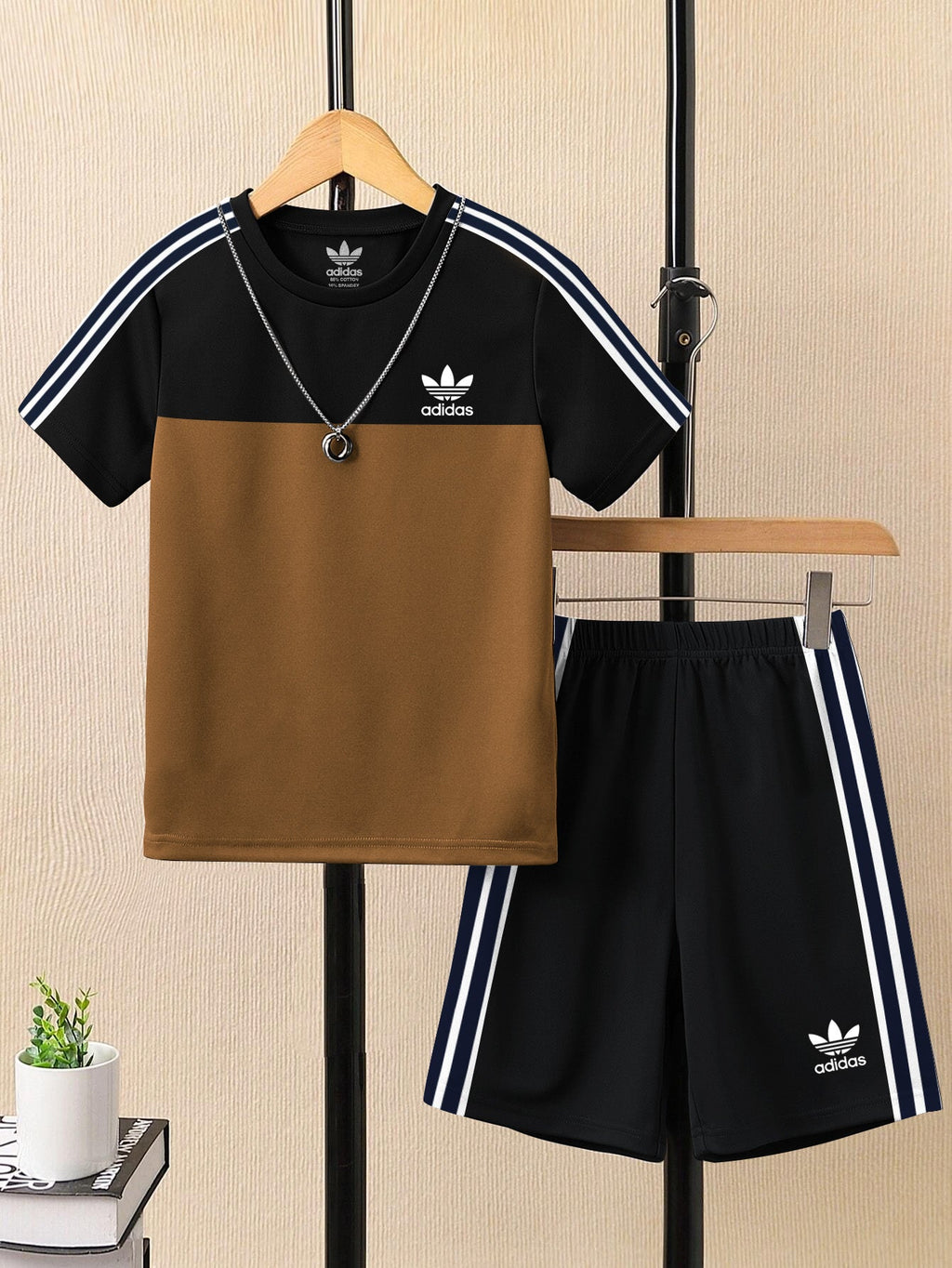 Ads Summer T Shirt & Short Suit For Kids-Golden with Black & White, Navy Stripe-BE3276/BR15714