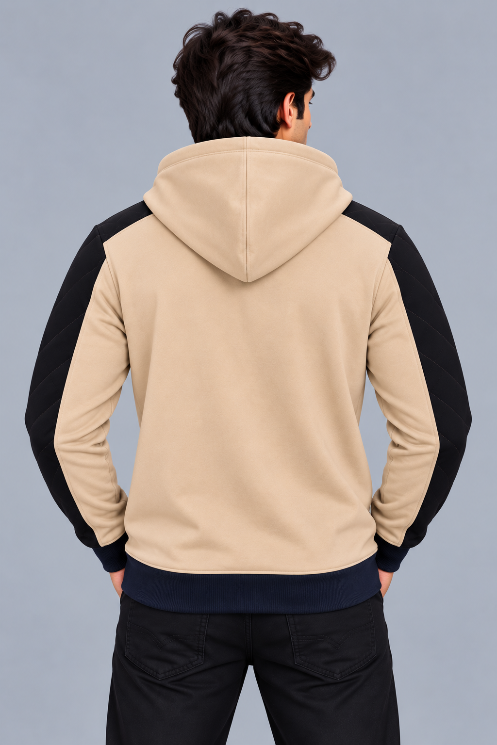 Premium Beige & Black Quilted Colour Block Zip-Up Hoodie-Beige Colour-MU41