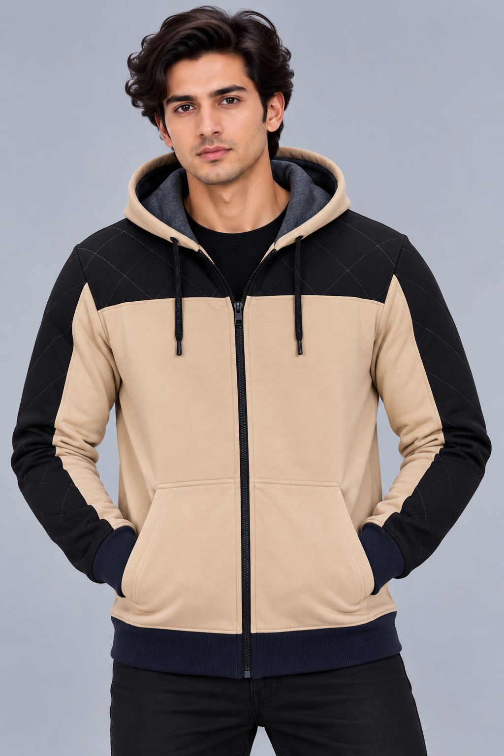 Premium Beige & Black Quilted Colour Block Zip-Up Hoodie-Beige Colour-MU41