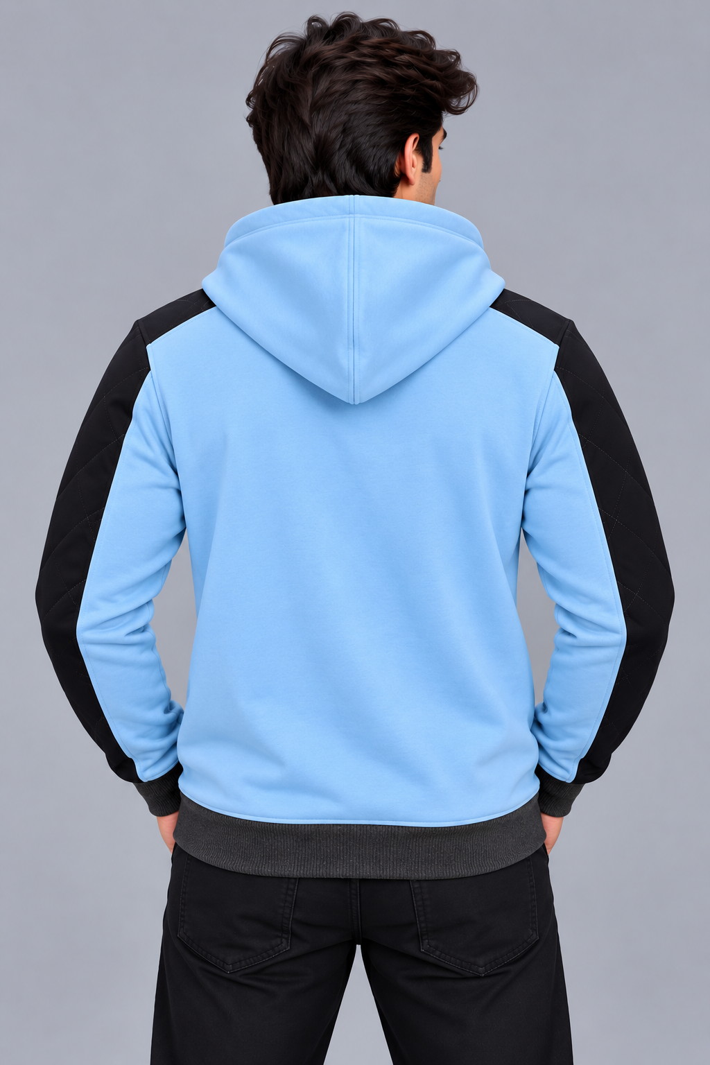 Premium Sky Blue & Black Quilted Color Block Zip-Up Hoodie- Sky Blue-MU42