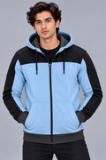 Premium Sky Blue & Black Quilted Color Block Zip-Up Hoodie- Sky Blue-MU42