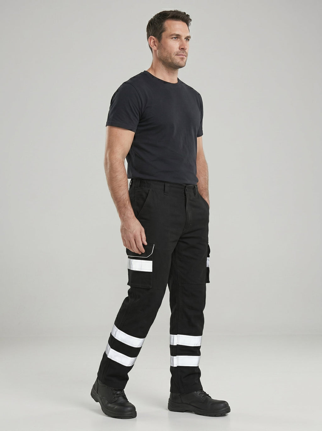 Black Cargo Trouser For Men With Reflectors-BE1665