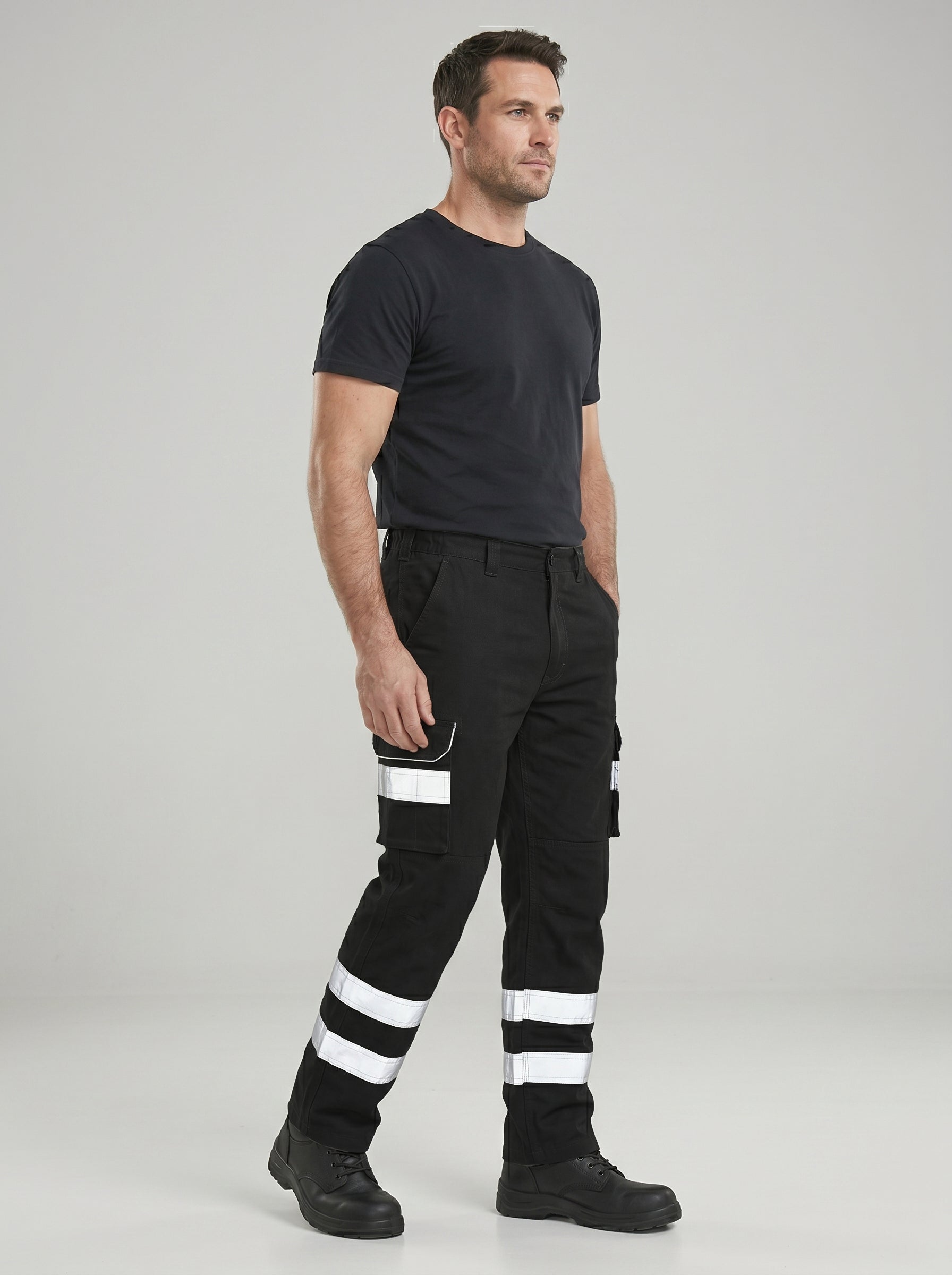 Black Cargo Trouser For Men With Reflectors-BE1665