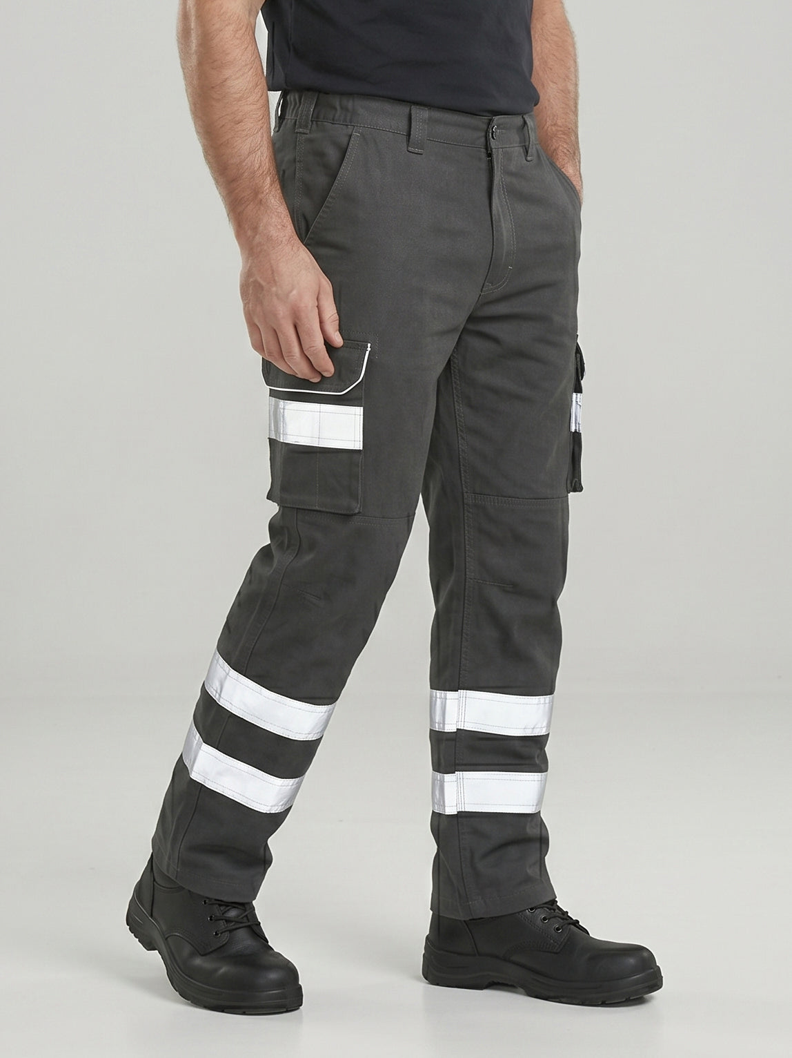 Grey Cargo Trouser For Men With Reflectors-BE3471
