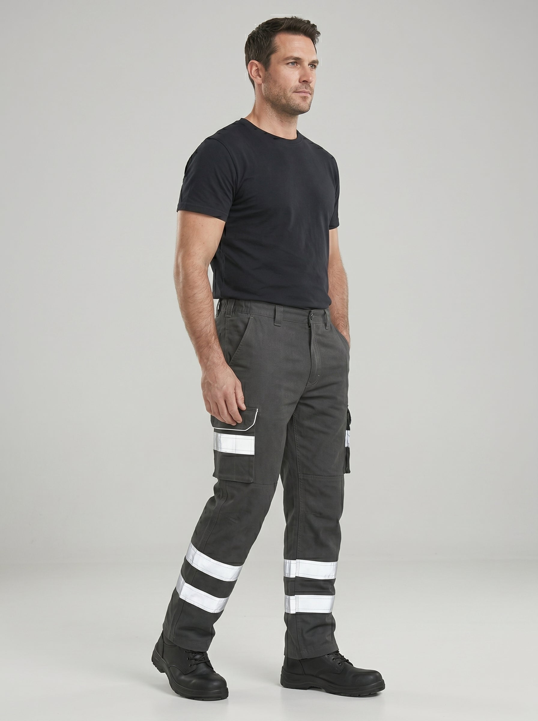 Grey Cargo Trouser For Men With Reflectors-BE3471