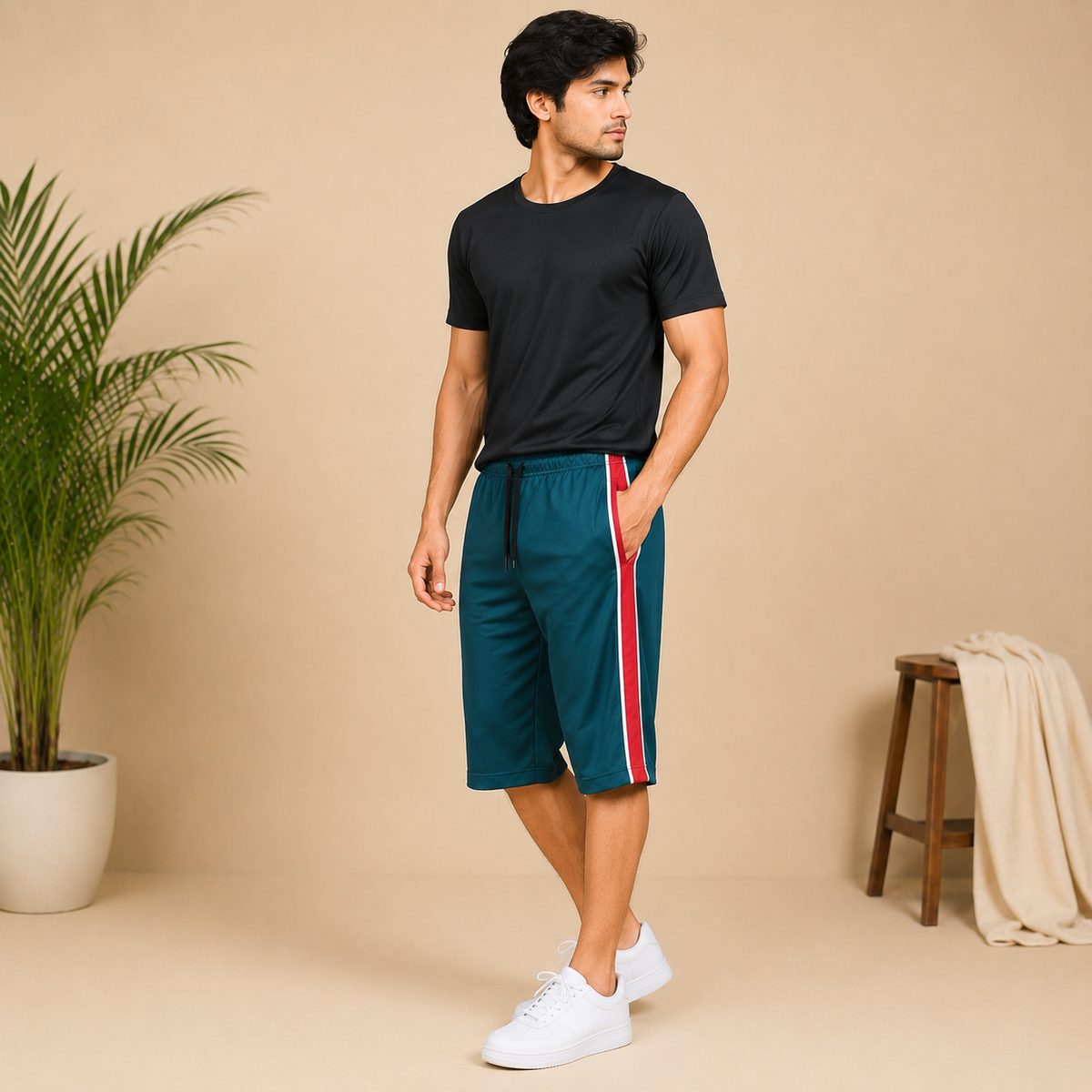 Men’s Athletic Knee-Length Shorts with Contrast Side Stripes bn345