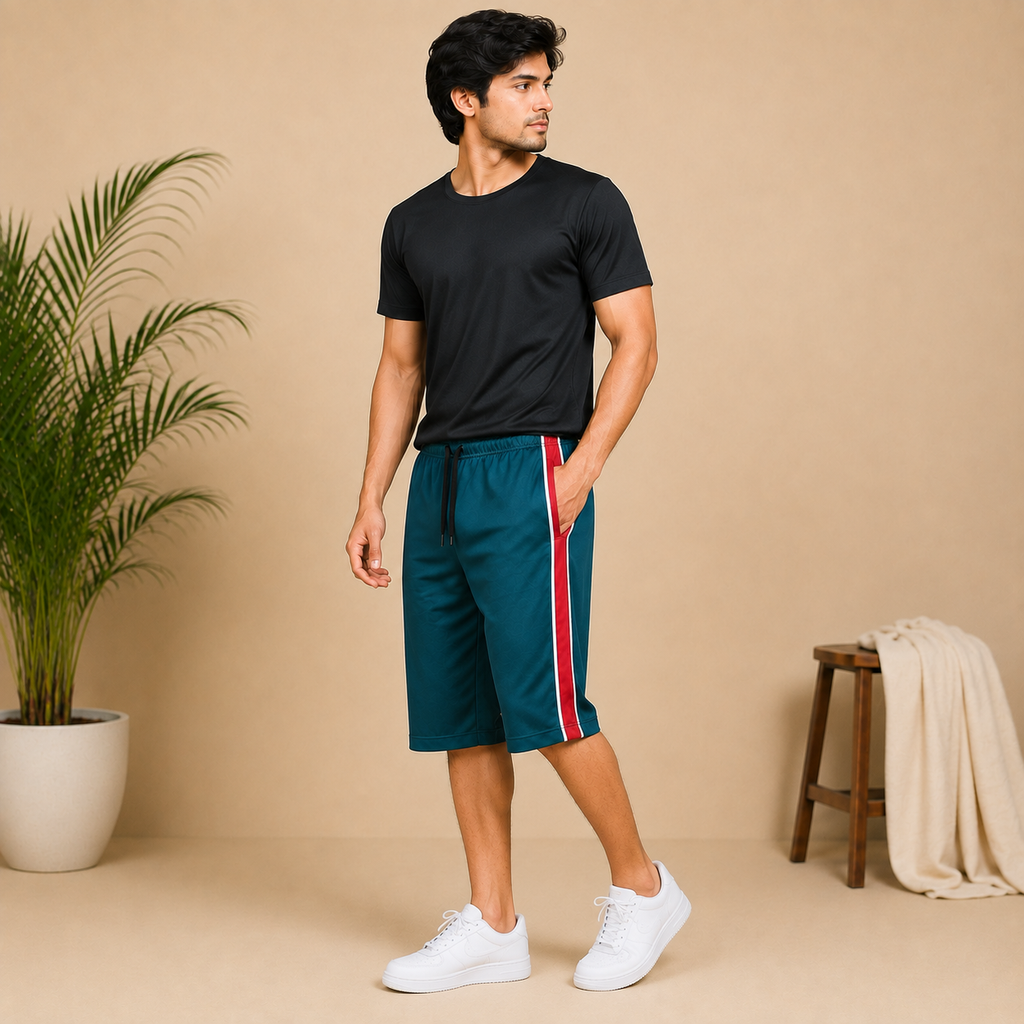 Men’s Athletic Knee-Length Shorts with Contrast Side Stripes na8