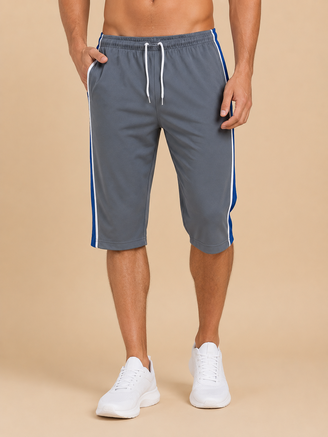 Stylish Knee Length Short For Men-Charcoal Grey With Royal Blue Stripe-A02