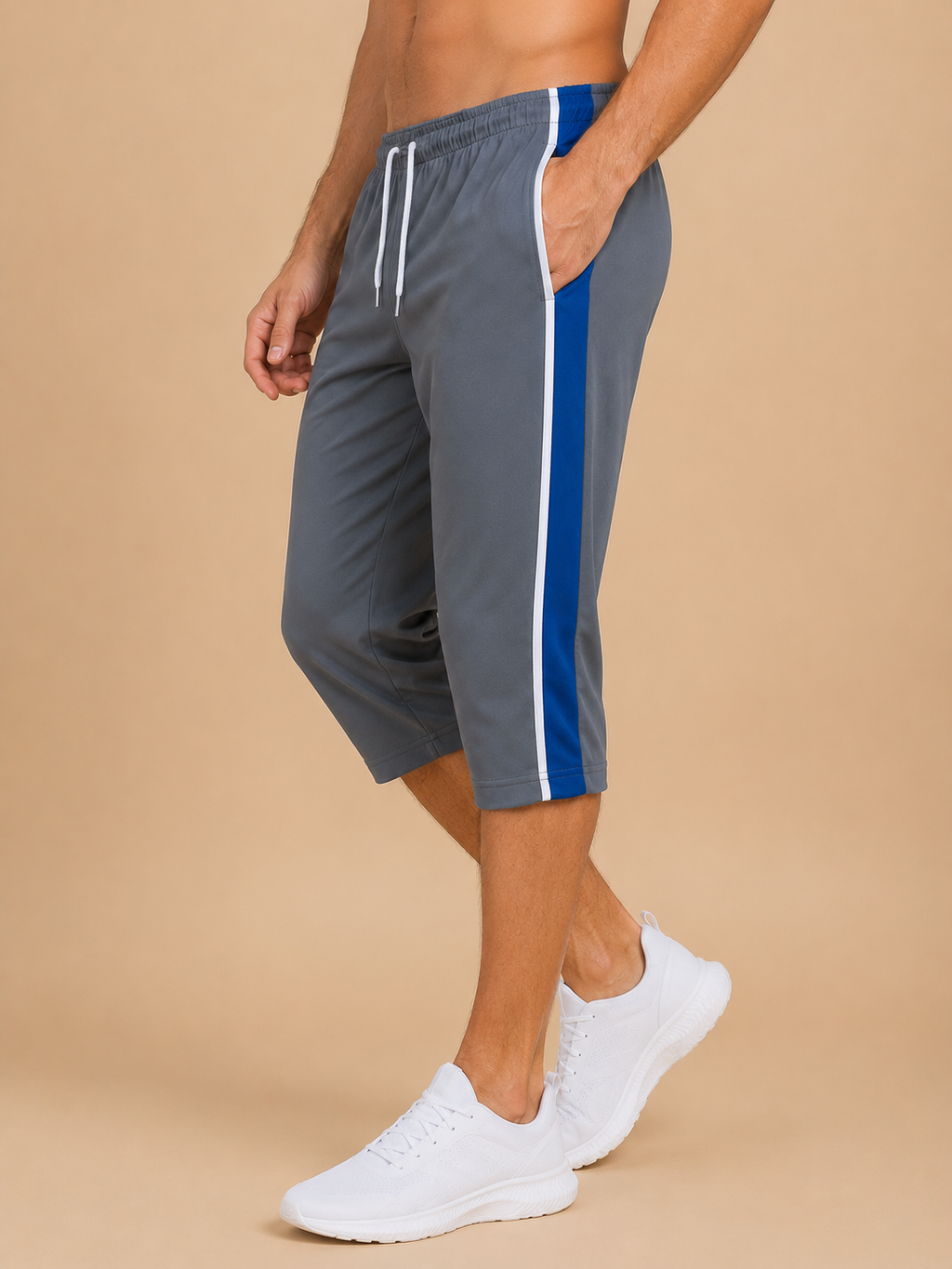 Stylish Knee Length Short For Men-Charcoal Grey With Royal Blue Stripe-A02