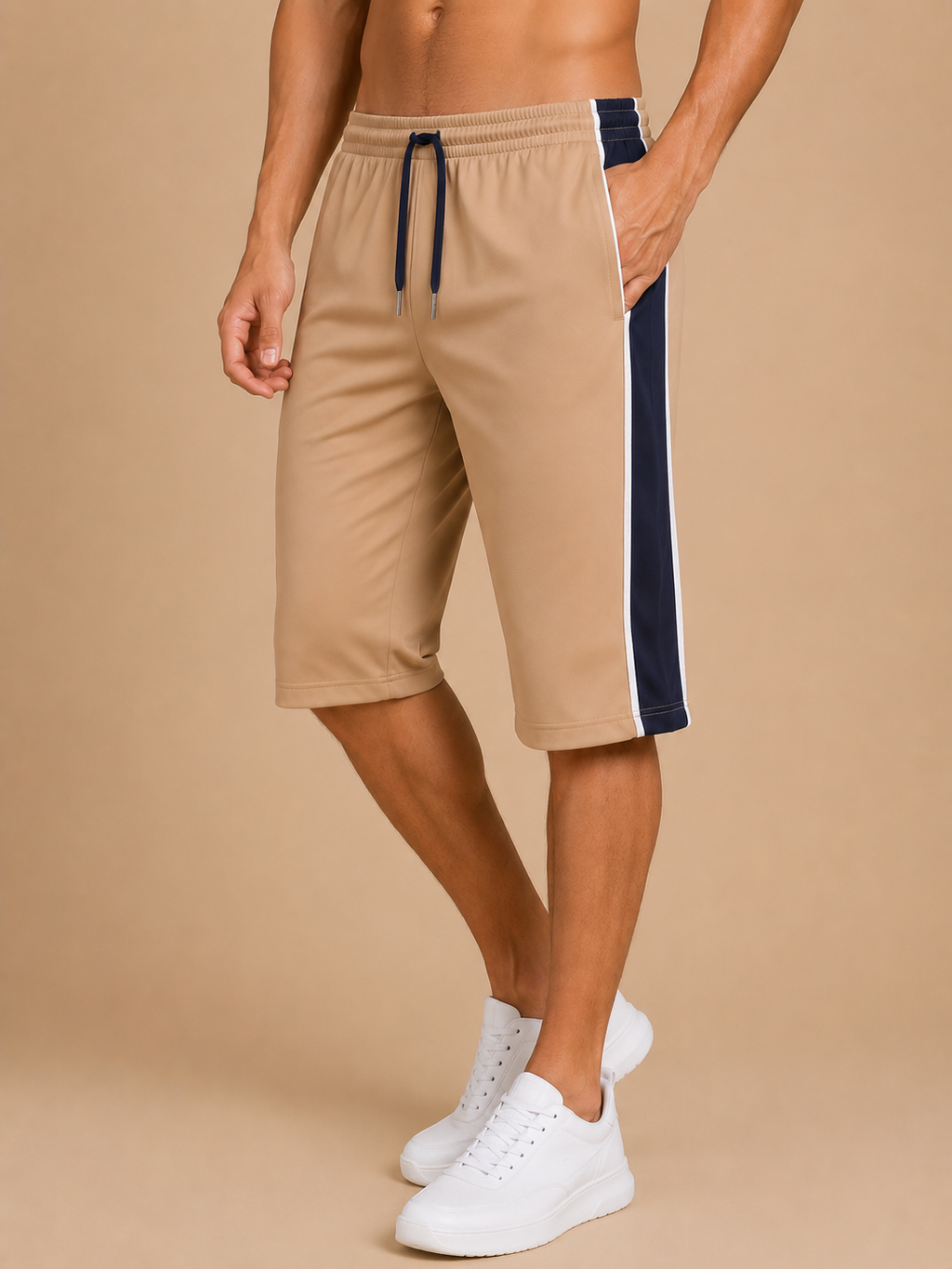 Stylish Knee Length Short For Men-Sand Beige With Royal Blue Stripe-A03