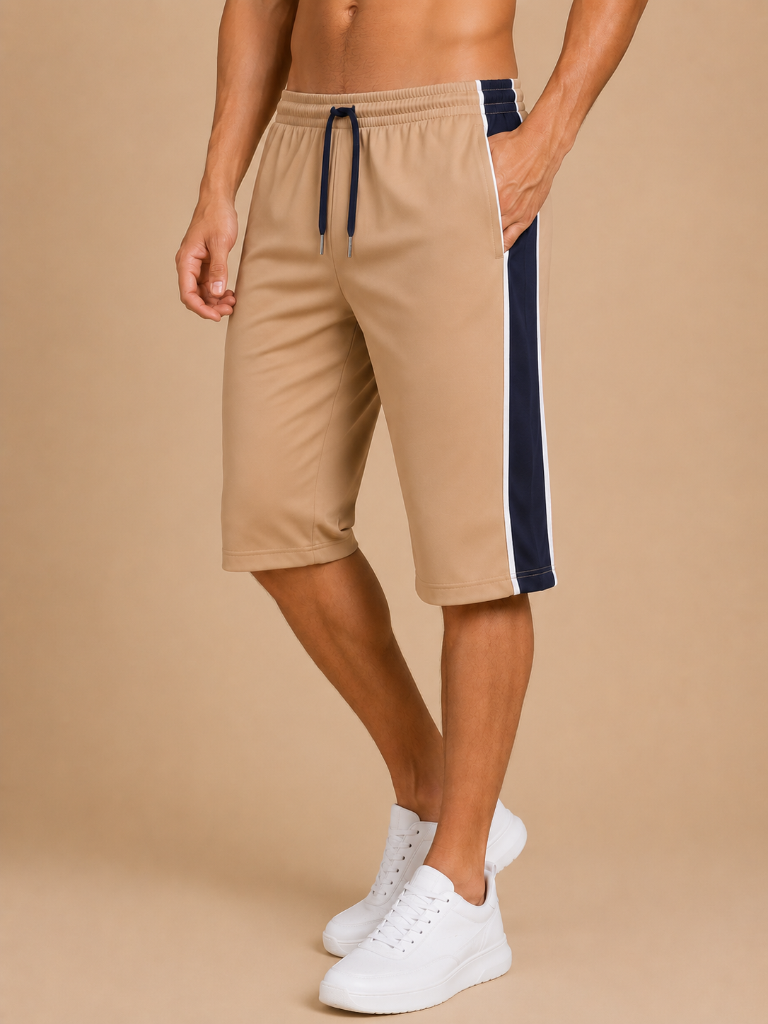 Stylish Knee Length Short For Men-Sand Beige With Royal Blue Stripe-A03