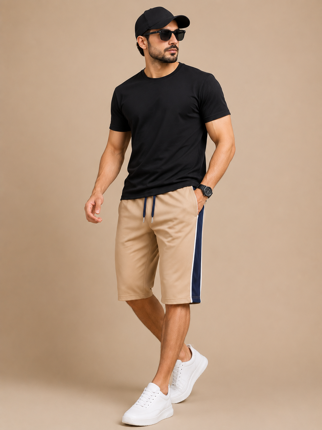 Stylish Knee Length Short For Men-Sand Beige With Royal Blue Stripe-A03