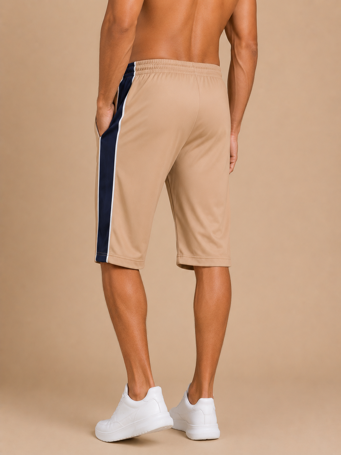 Stylish Knee Length Short For Men-Sand Beige With Royal Blue Stripe-A03