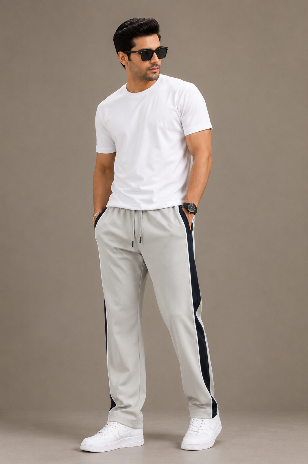 Stylish Regular Fit Summer Trouser For Men-Cream With Navy & White Stripers-A10