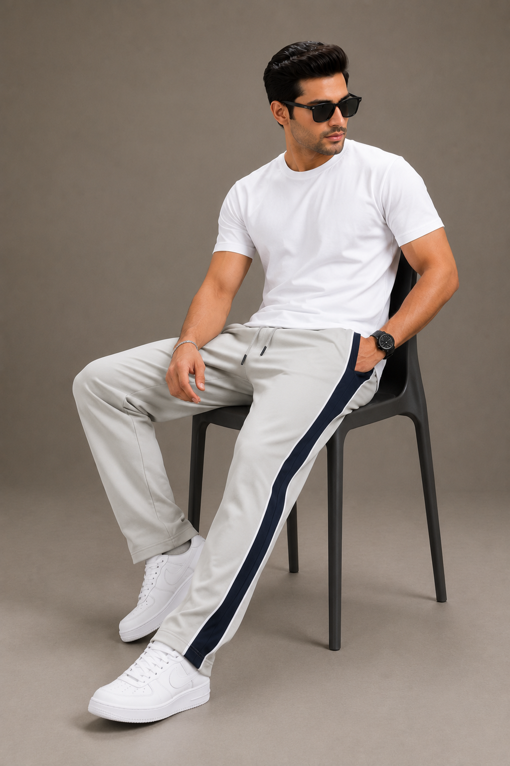 Stylish Regular Fit Summer Trouser For Men-Cream With Navy & White Stripers-A10