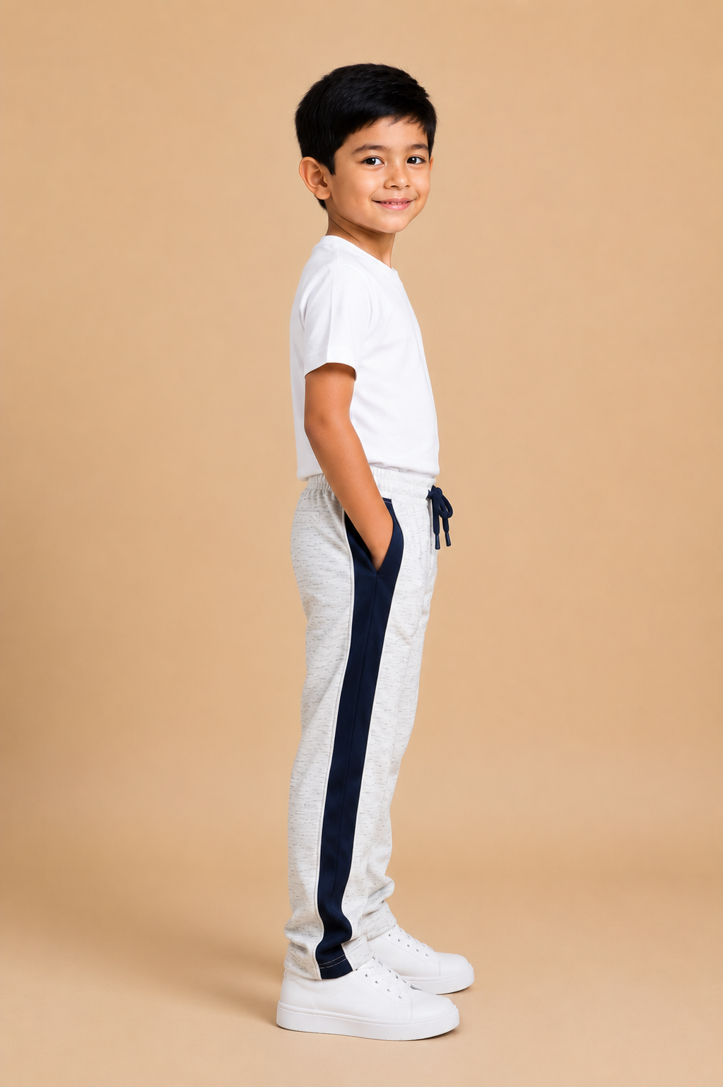 Premium Boys Trouser-Off-White Melange with Navy -T05
