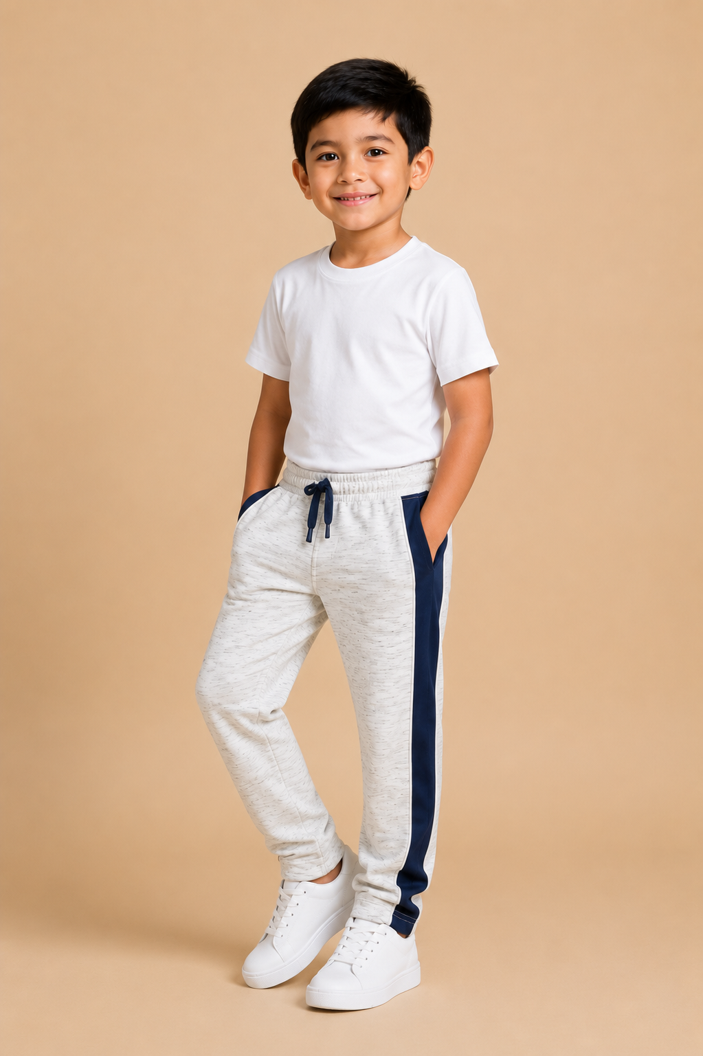 Premium Boys Trouser-Off-White Melange with Navy -T05