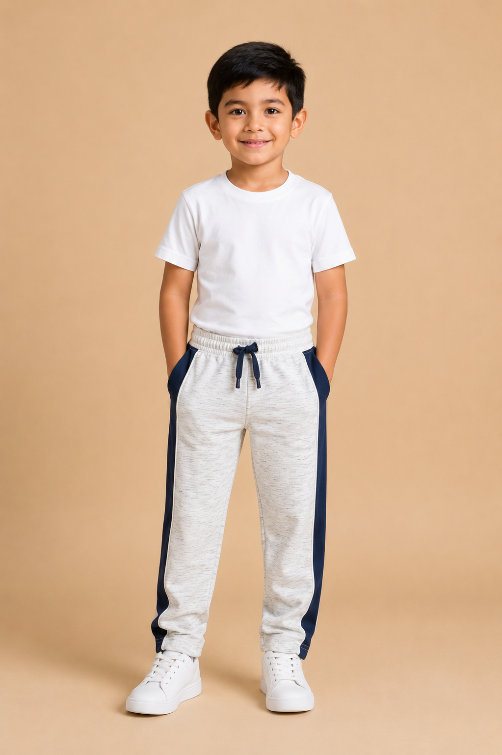 Premium Boys Trouser-Off-White Melange with Navy -T05