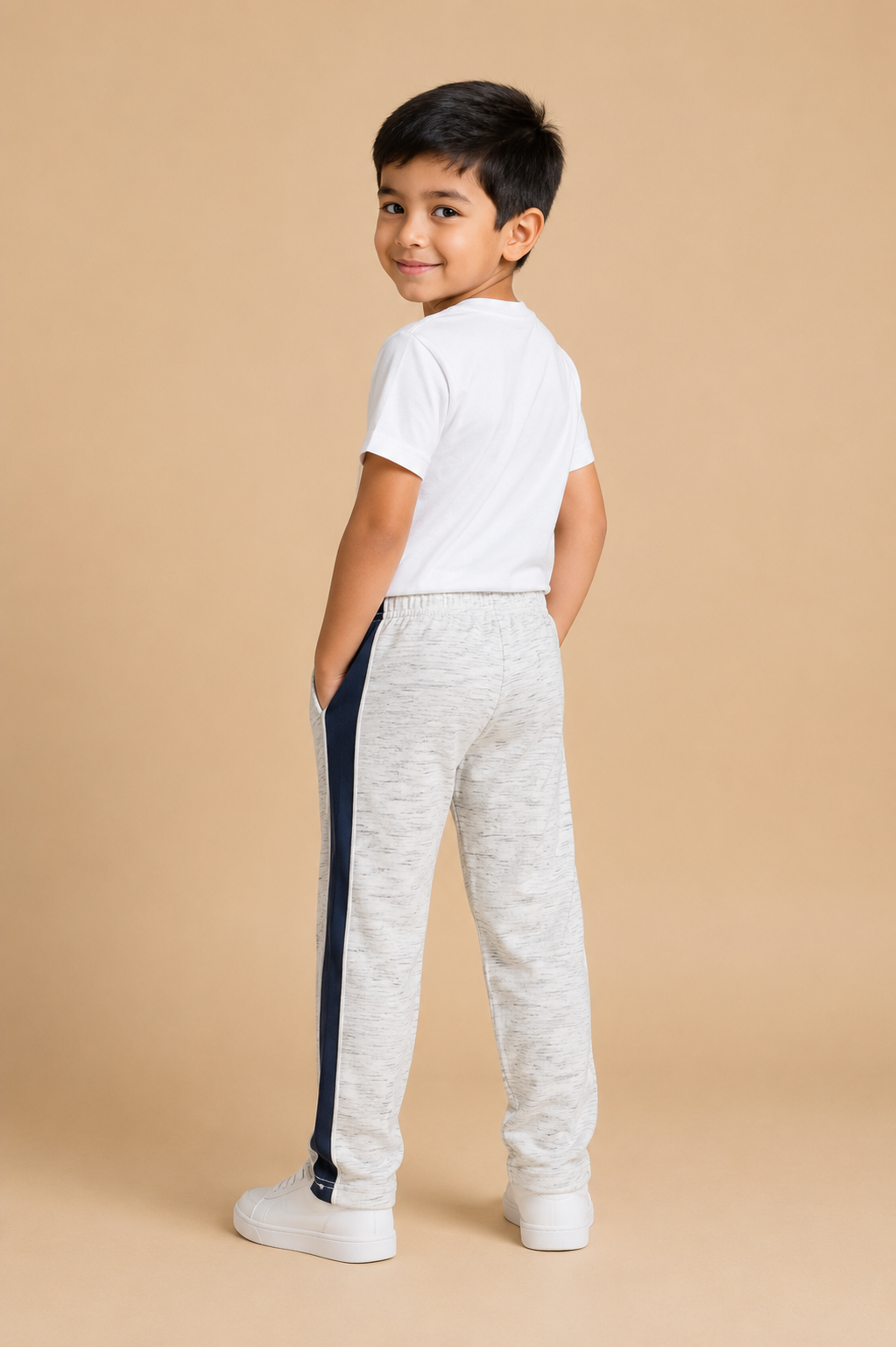 Premium Boys Trouser-Off-White Melange with Navy -T05