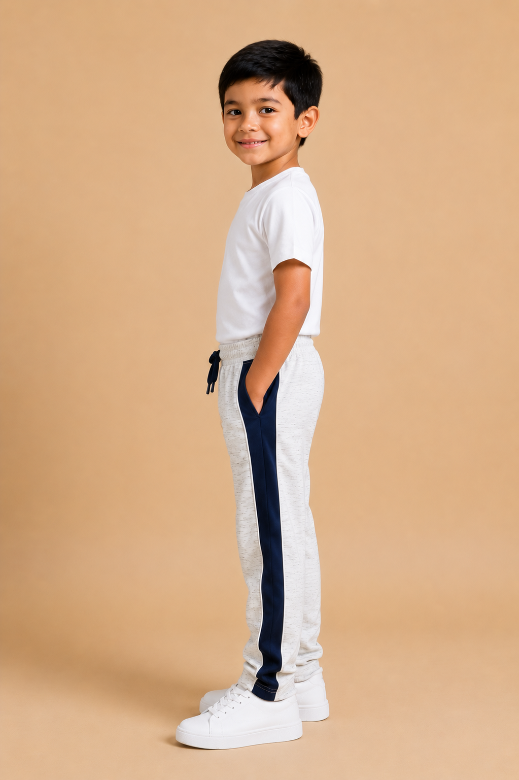 Premium Boys Trouser-Off-White Melange with Navy -T05