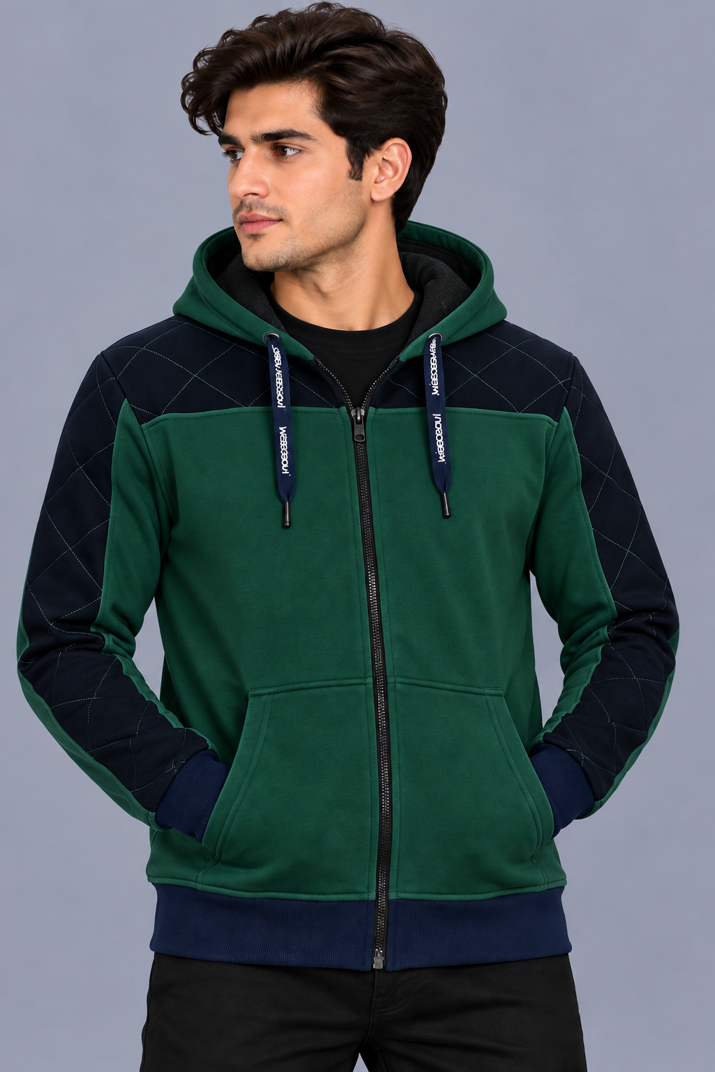 Premium Forest Green & Navy Quilted Color Block Zip-Up Hoodie-MU35