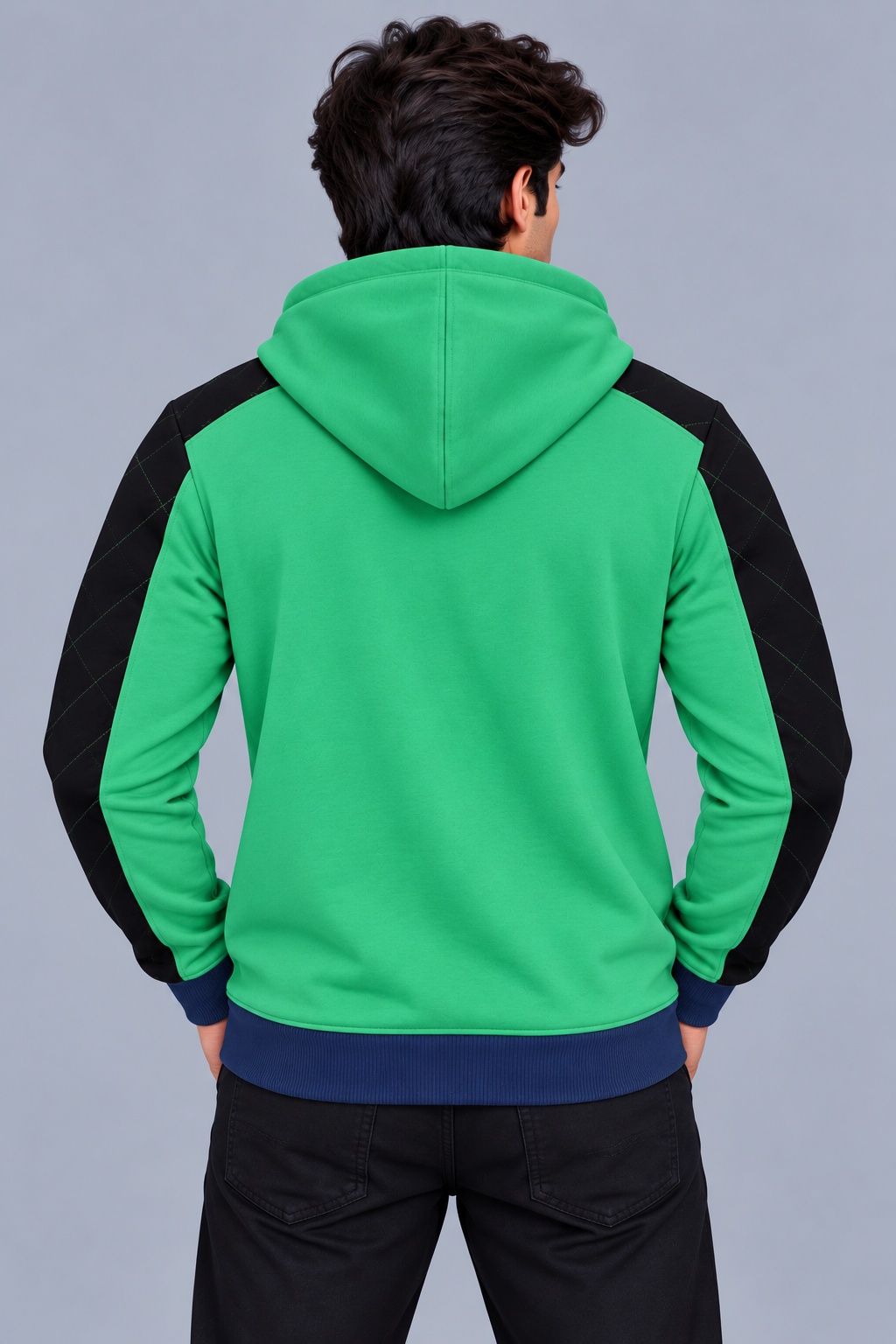 Premium Emerald Green & Black Quilted Color Block Zip-Up Hoodie- Emerald Green-MU43