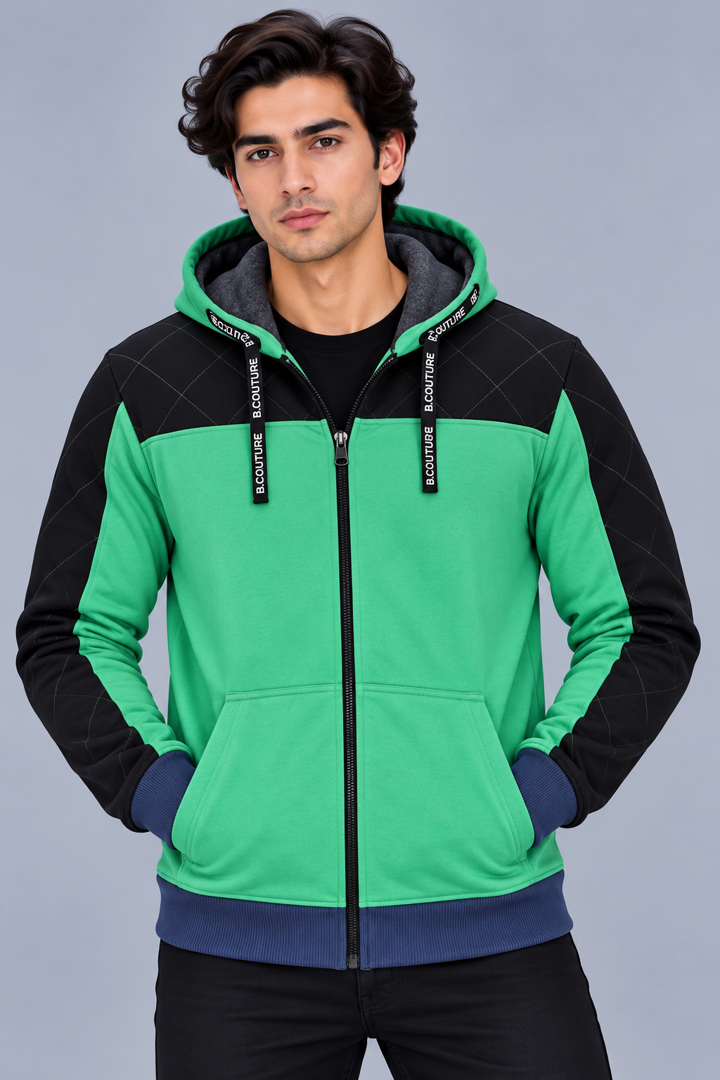 Premium Emerald Green & Black Quilted Color Block Zip-Up Hoodie- Emerald Green-MU43