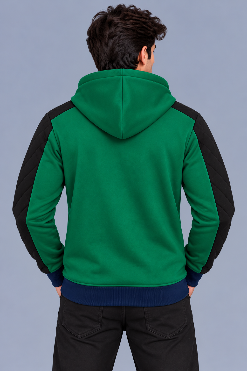 Premium Forest Green & Black Quilted Color Block Zip-Up Hoodie-MU37