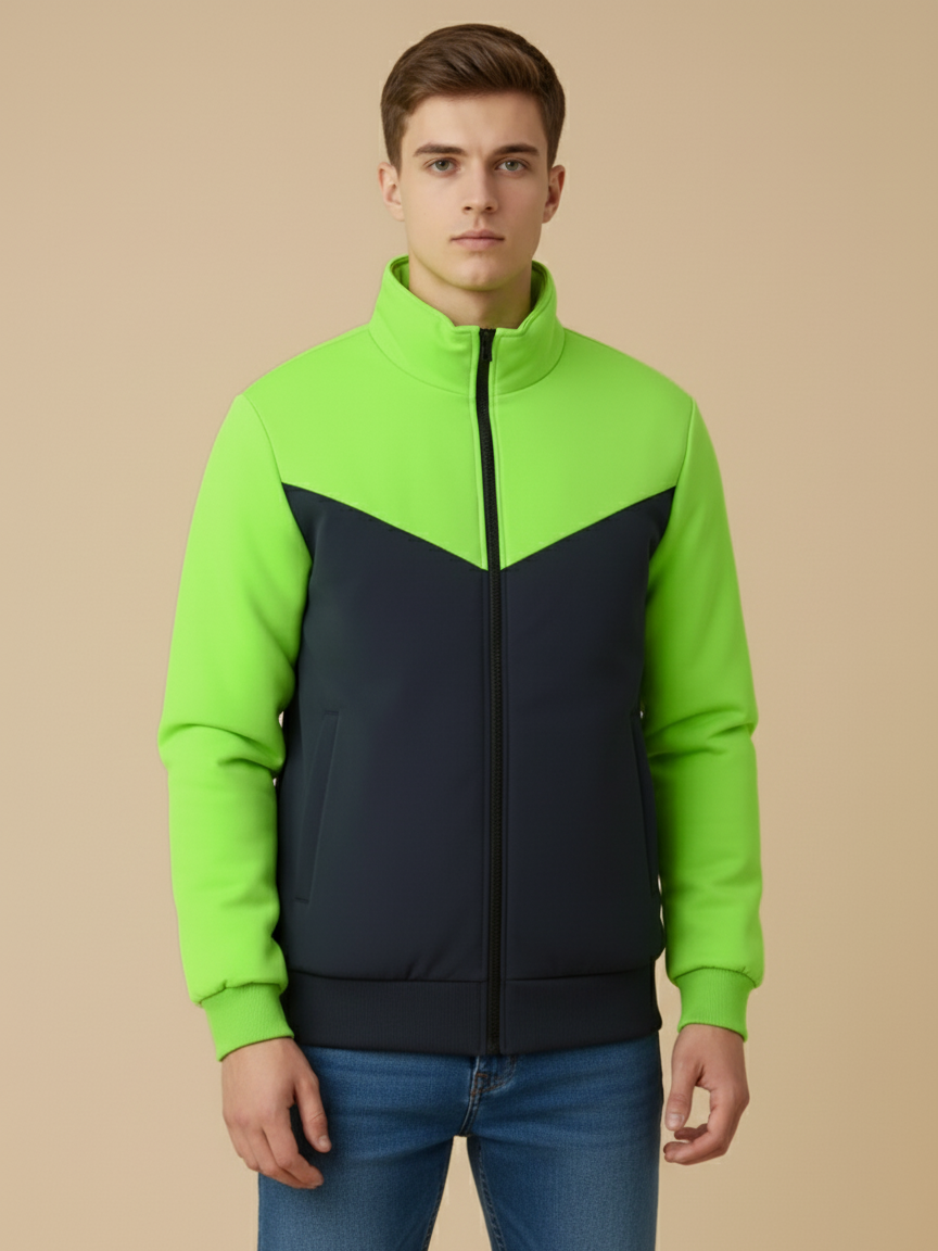 Stylish Winter Zipper Mockneck Jacket For Men-Lime Green & Dark Navy-BRPH27