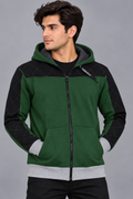 Premium Dark Green Color Block Quilted Zip-Up Hoodie Jacket-Deep Green-MU31