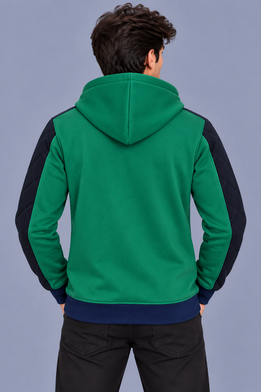 Premium Forest Green & Navy Quilted Color Block Zip-Up Hoodie-Forest Green-MU36