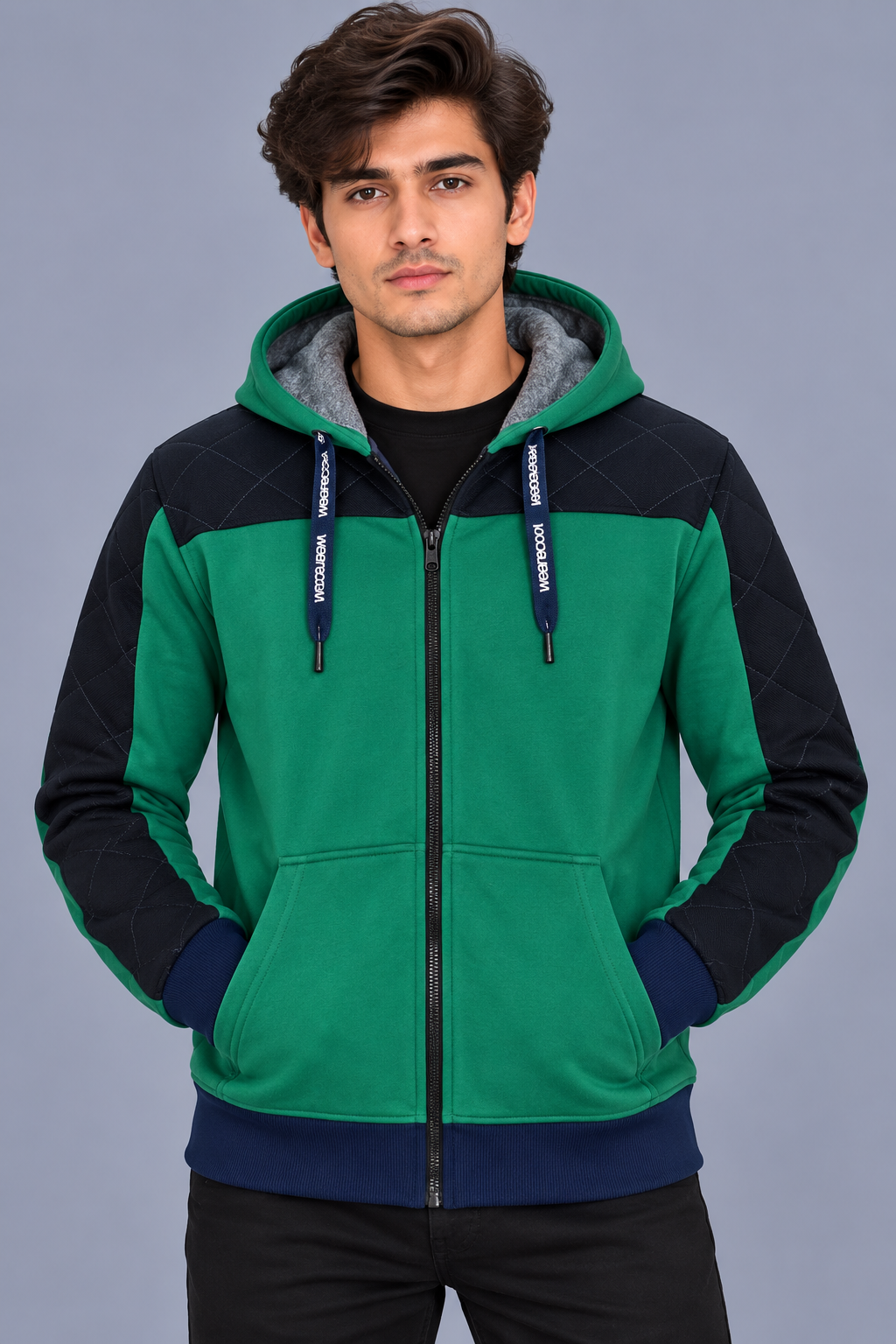 Premium Forest Green & Navy Quilted Color Block Zip-Up Hoodie-Forest Green-MU36