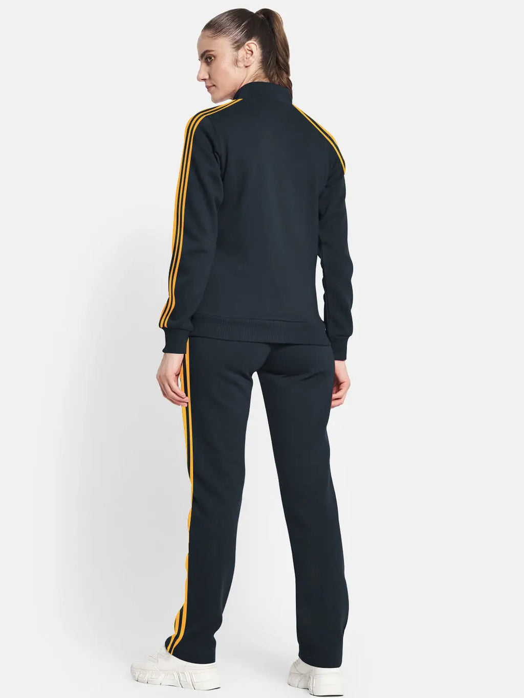 Louis Vicaci Fleece Zipper Tracksuit For Ladies Navy with Yellow Stripe-RT2128