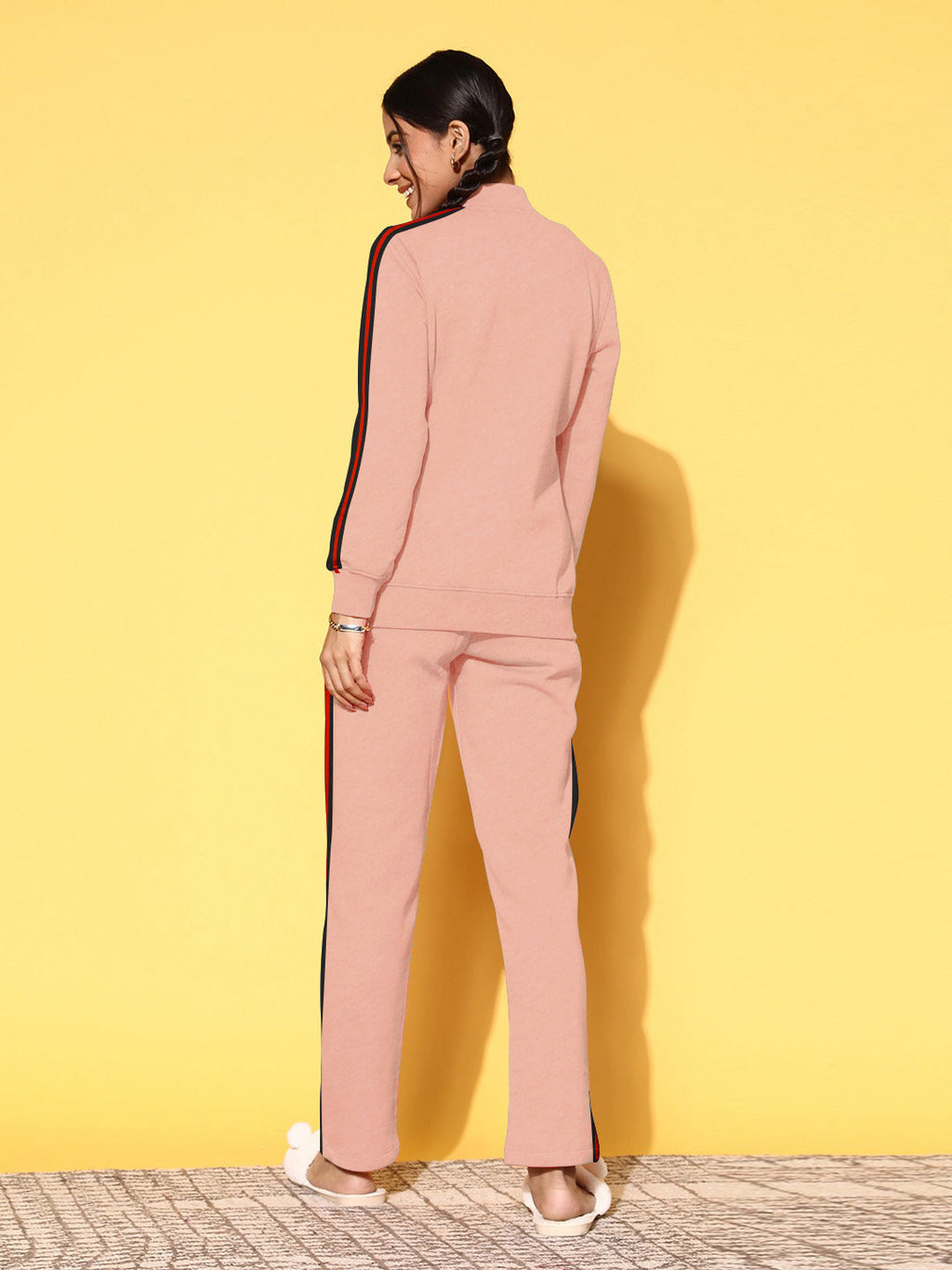 Louis Vicaci Fleece Zipper Tracksuit For Ladies-Dark Pink With Black Stripe-RT1547
