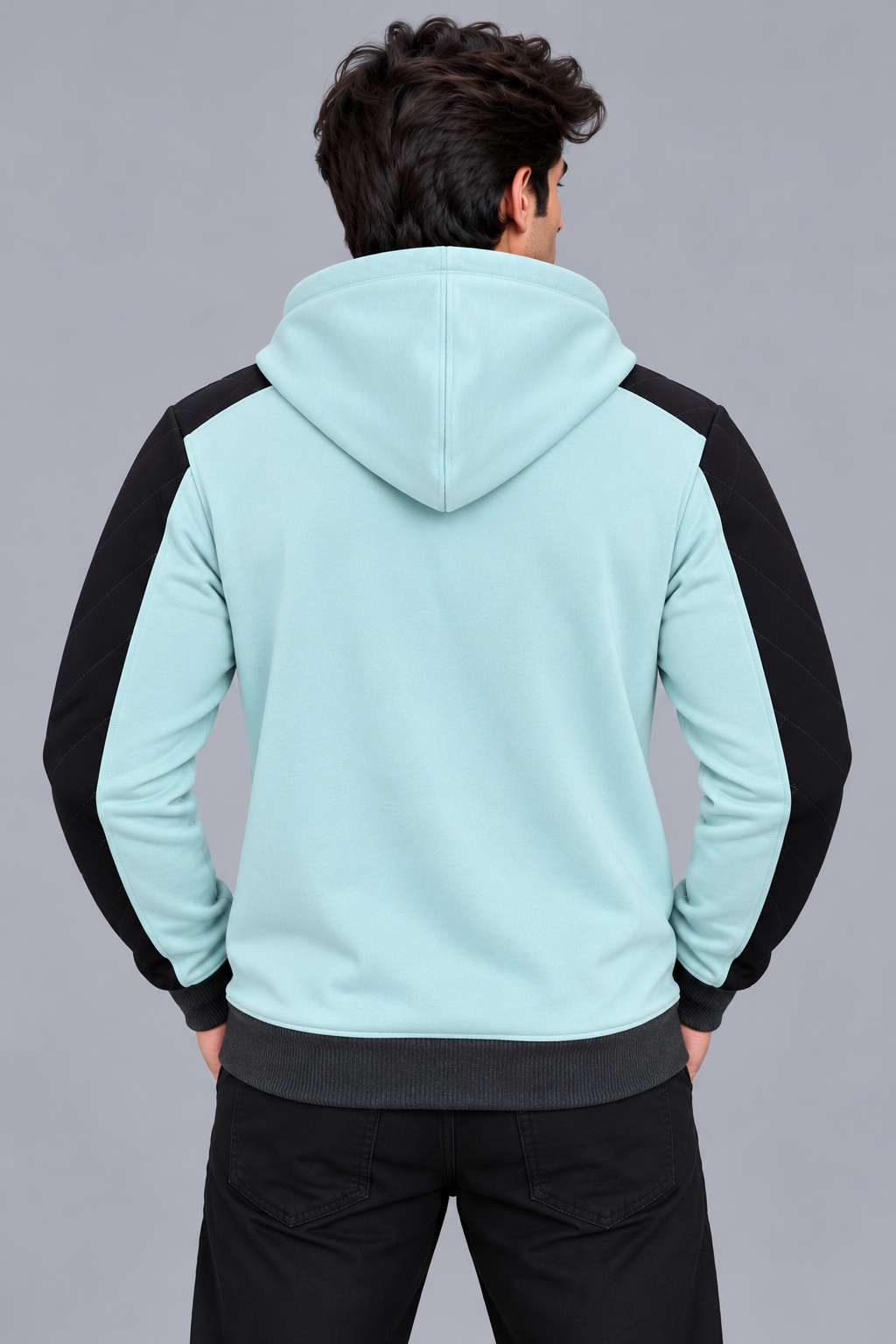 Premium Mint Blue & Black Quilted Color Block Zip-Up Hoodie-Mint Blue-MU40
