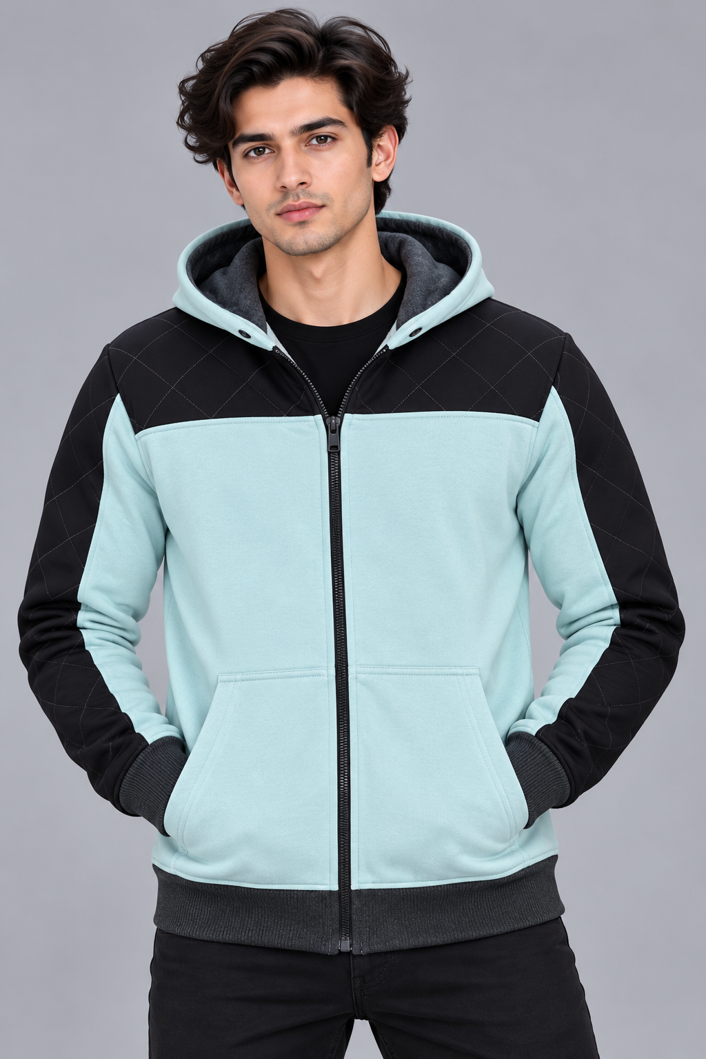 Premium Mint Blue & Black Quilted Color Block Zip-Up Hoodie-Mint Blue-MU40