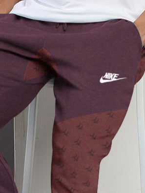 NK Terry Fleece Jogger Sweatpant For Men-Burgundy Melnage with Brown Panels-BR14594