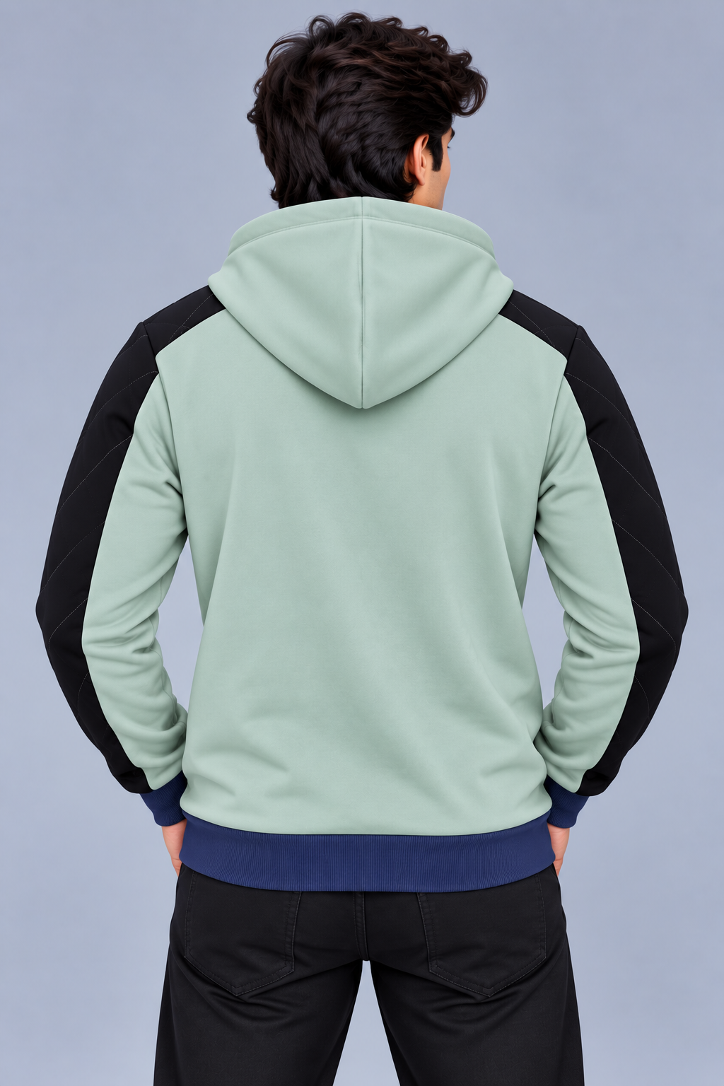 Premium Pale Mint Green & Black Quilted Color Block Zip-Up Hoodie-Pale Mint Green-MU46