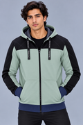 Premium Pale Mint Green & Black Quilted Color Block Zip-Up Hoodie-Pale Mint Green-MU46