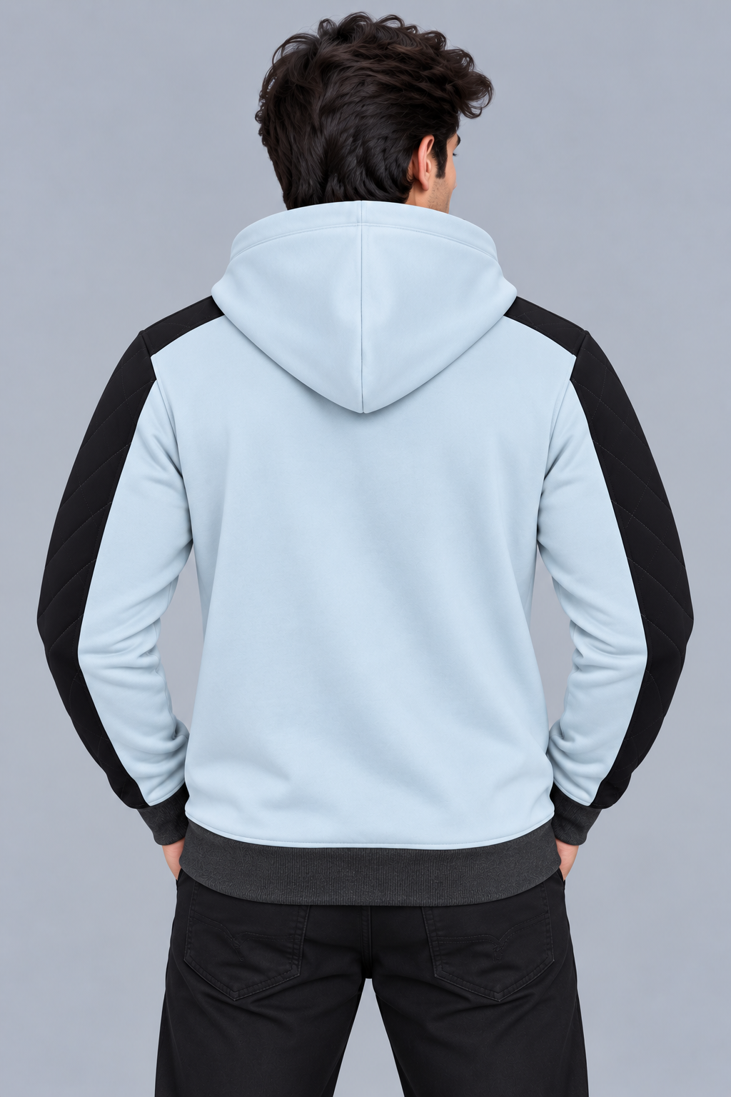 Premium Ice Blue & Black Quilted Color Block Zip-Up Hoodie-Ice Blue-MU39