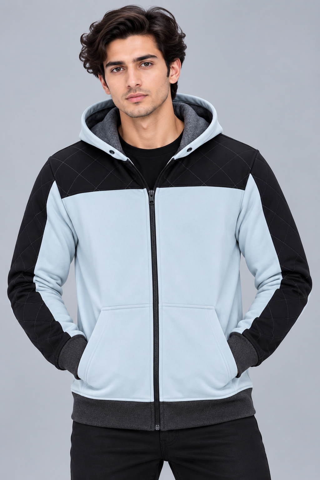 Premium Ice Blue & Black Quilted Color Block Zip-Up Hoodie-Ice Blue-MU39