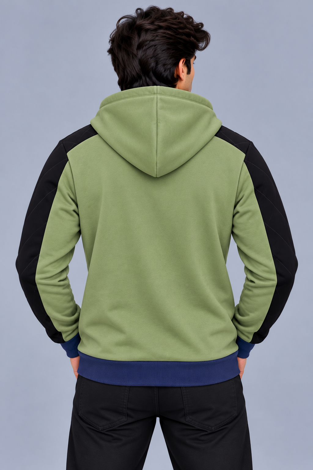 Premium Sage Green & Black Quilted Color Block Zip-Up Hoodie-Sage Green-MU45